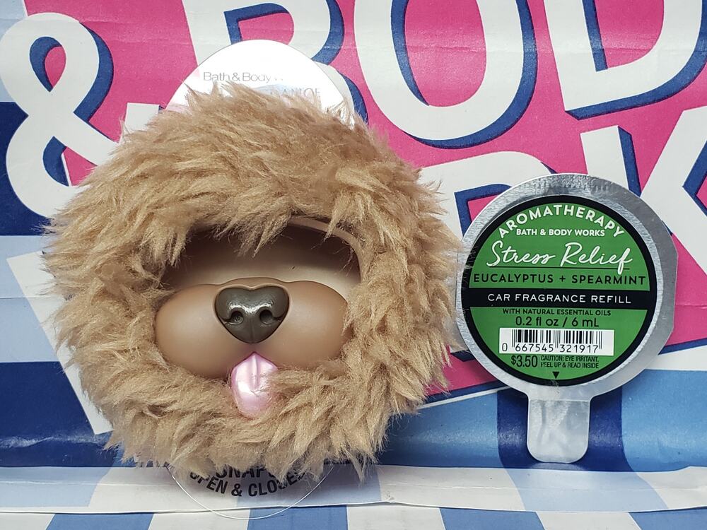 BBW Fuzzy Shaggy Dog Visor Clip Car Fragrance Holder w. Stress Free Refill